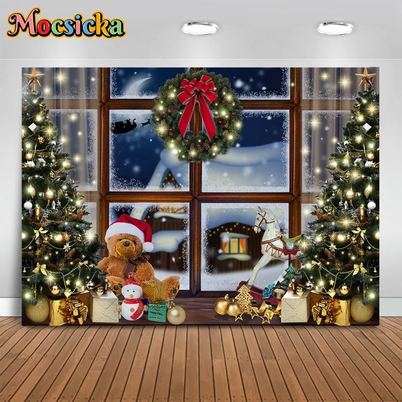 Mocsicka  Xmas Photography Background Christmas Tree Window Scene Trojan Horse Toy Backdrop Party Adult Kids Portrait Studio