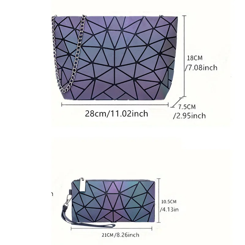 Luminous Chain Messenger Bag Set Fashion Holographic Geometric Folding Purse Women Shoulder Bag 2pcs image 3