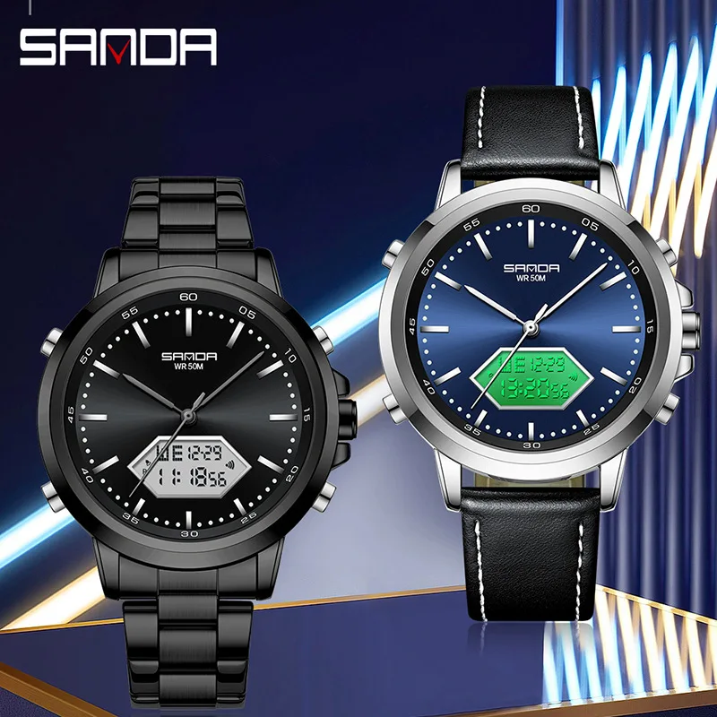 SANDA Relógio eletrônico de quartzo masculino com display duplo, calendário multifuncional, cronometragem, luz noturna, à prova d'água, relógio esportivo de negócios