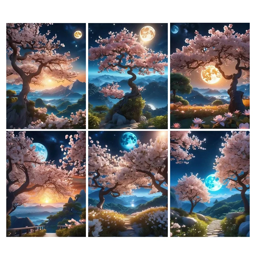 FULLCANG Diy Diamond Painting New Collection 2024 Moon Cherry Blossom Tree Full Rhinestone Art Landscape Mosaic Embroidery Kits