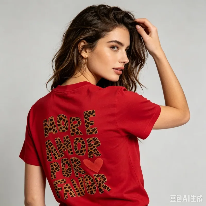More Amor Por Favor T‑Shirt Back Print Leopard Lettering Heart 100% Cotton Women Spanish Love Slogan  Valentine Gift For Her Tee