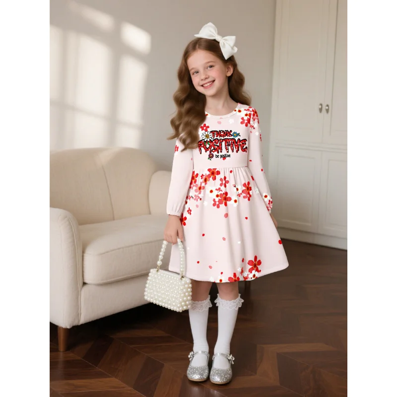 

"Positive Thinking" Pattern Princess Dress, 2025 Girls' Long-sleeved Floral Printed Dress, Cute Casual Party Wear in Pink