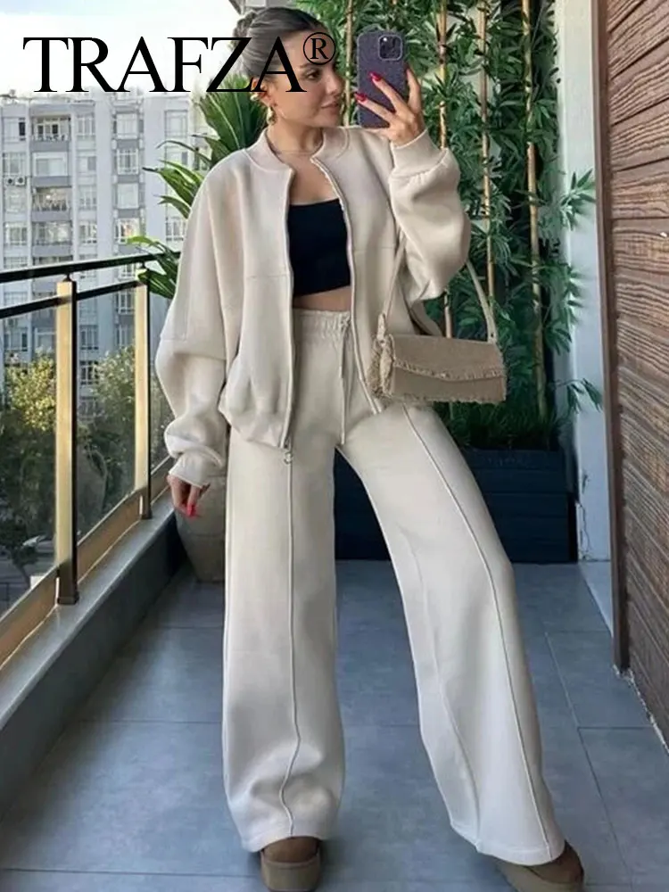 TRAFZA Women Casual Pant Sets Long Sleeve Zipper Bomber Jacket Coat + High Waist Drawstring Loose Trousers Office Lady Suit