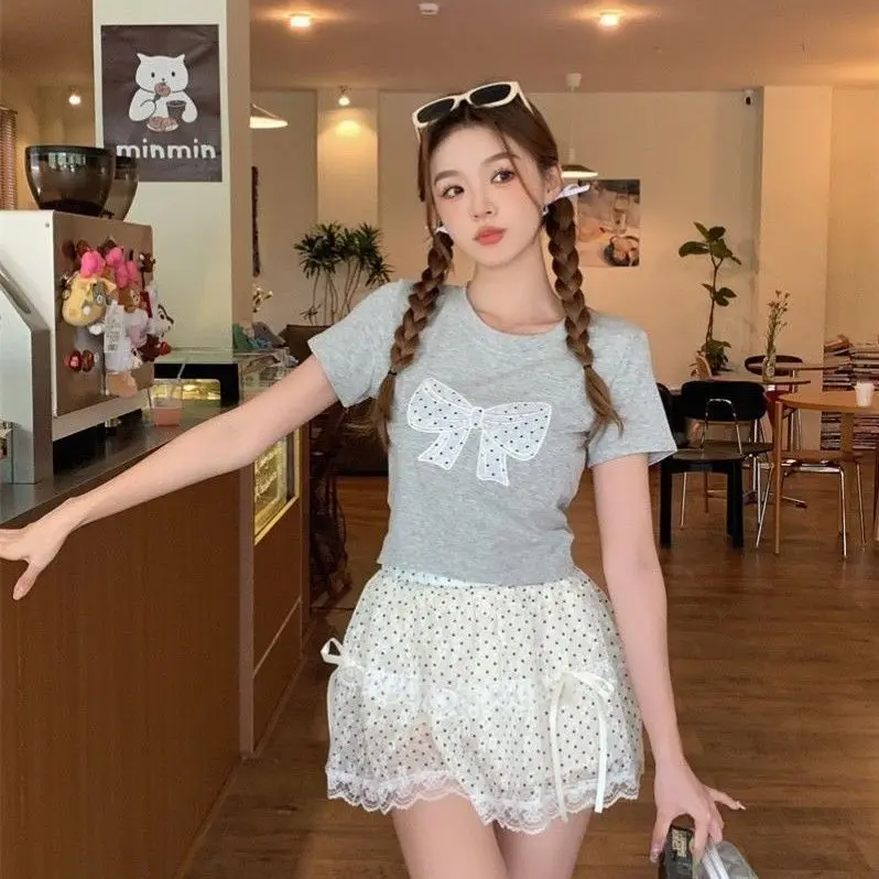 

Sweet Knot Lace Binding Set Polka Dot ort Sve T-irt f Skirt Two Piece Set Korean Sle Commute Casual Cak...