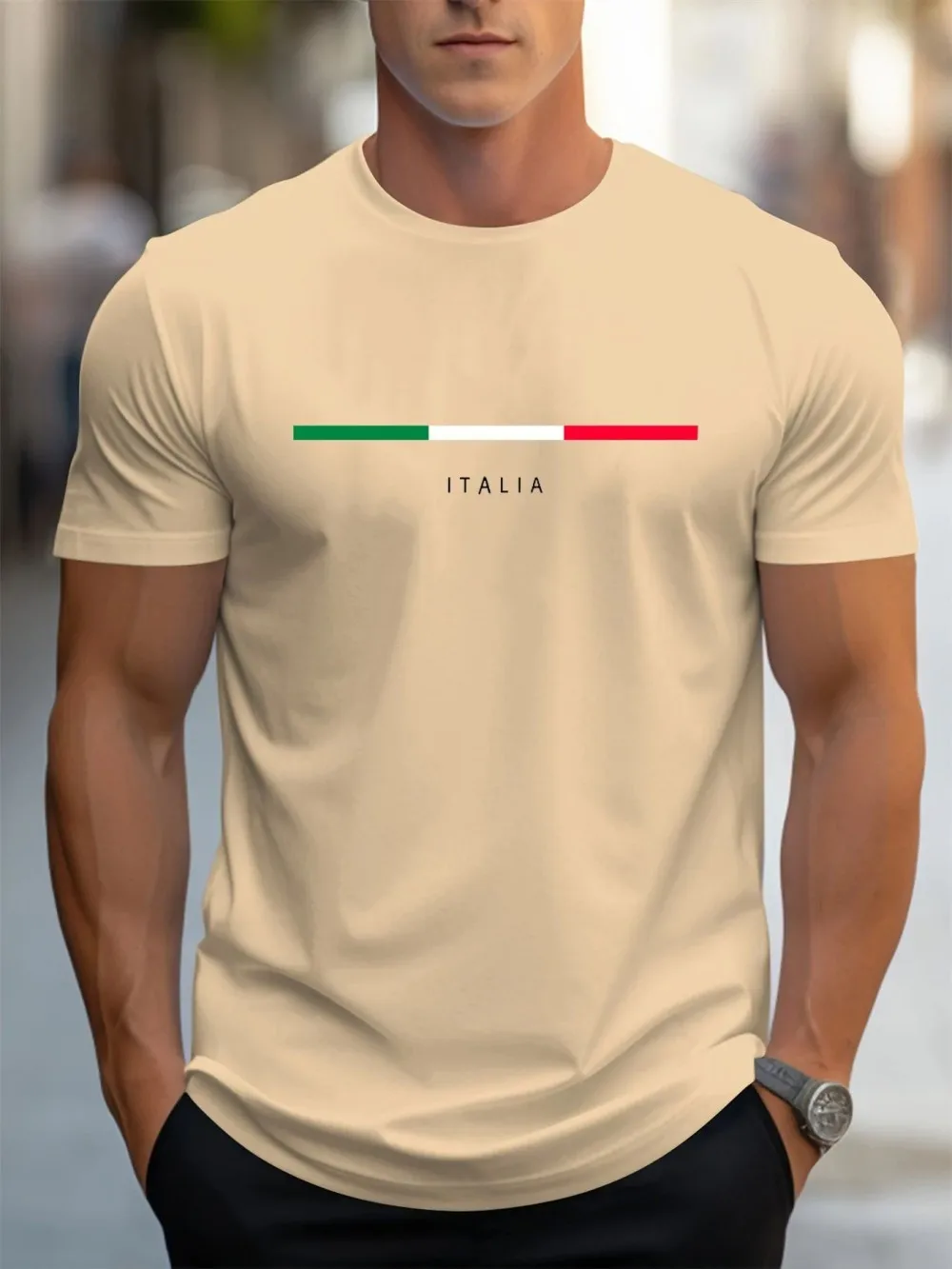 New Men's Summer Polyester Fabric Fashionable Casual Loose ITALIA Pattern Printed Sports Round Neck Short Sleeved T-Shirt Top