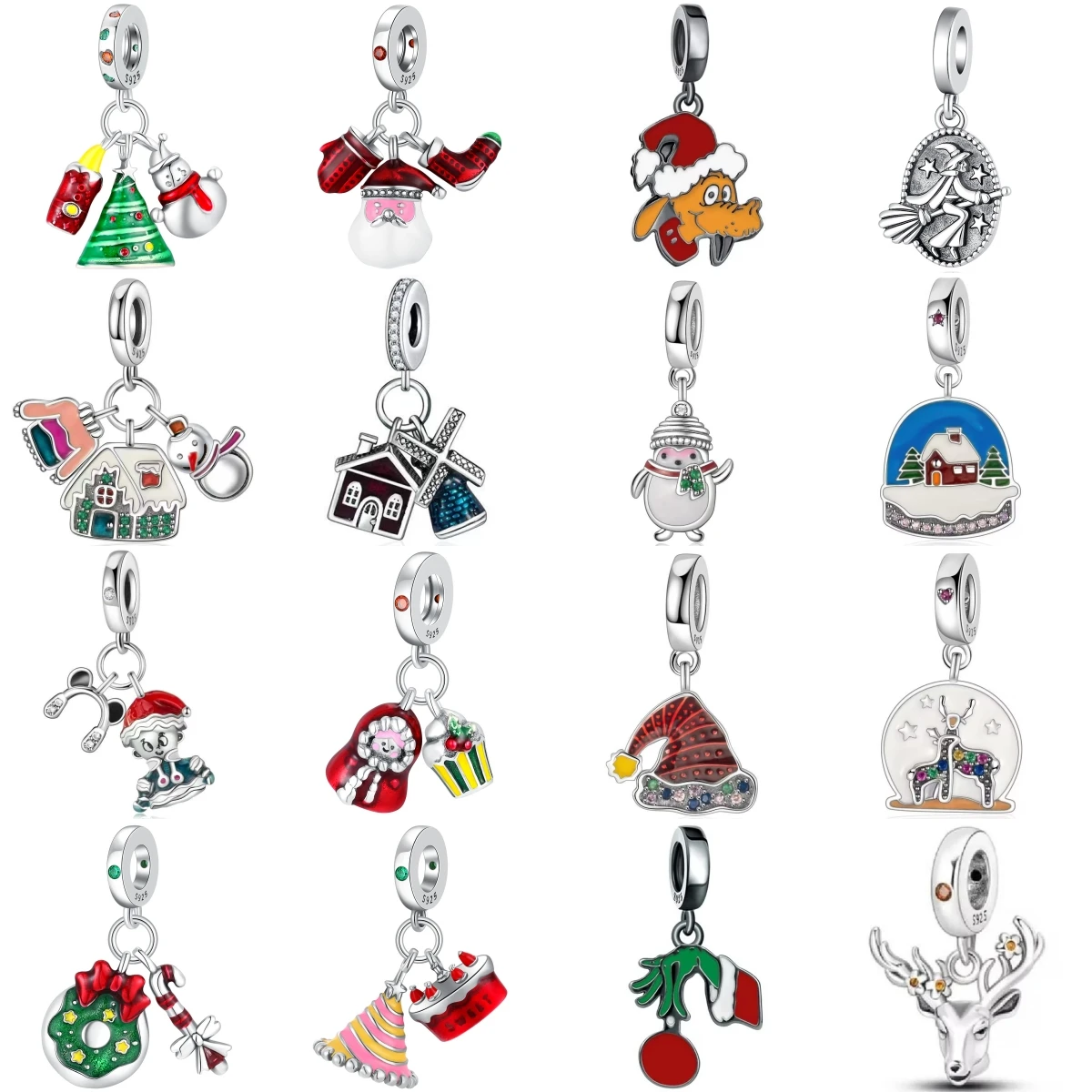 S925 Silver Christmas Dangle Charms Snowman Santa Reindeer House Windmill Witch Beads Women Holiday DIY Jewelry Gift