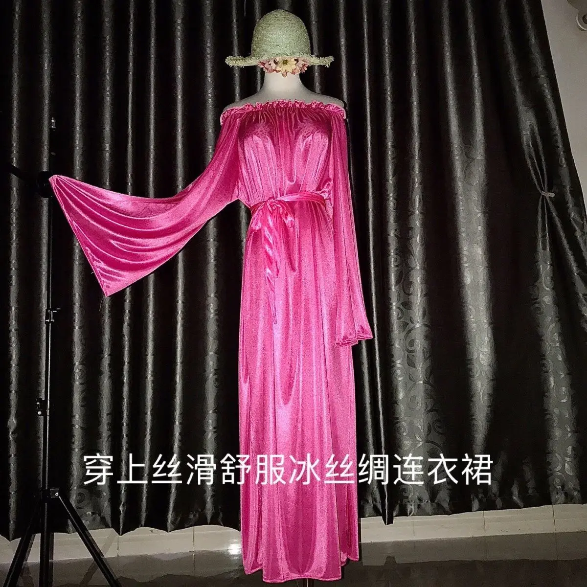 

Glossy Women Ruffles Satin Long Sleeve Dress Loose Maxi Dress Plus Size Sleeping Pajamas Robe