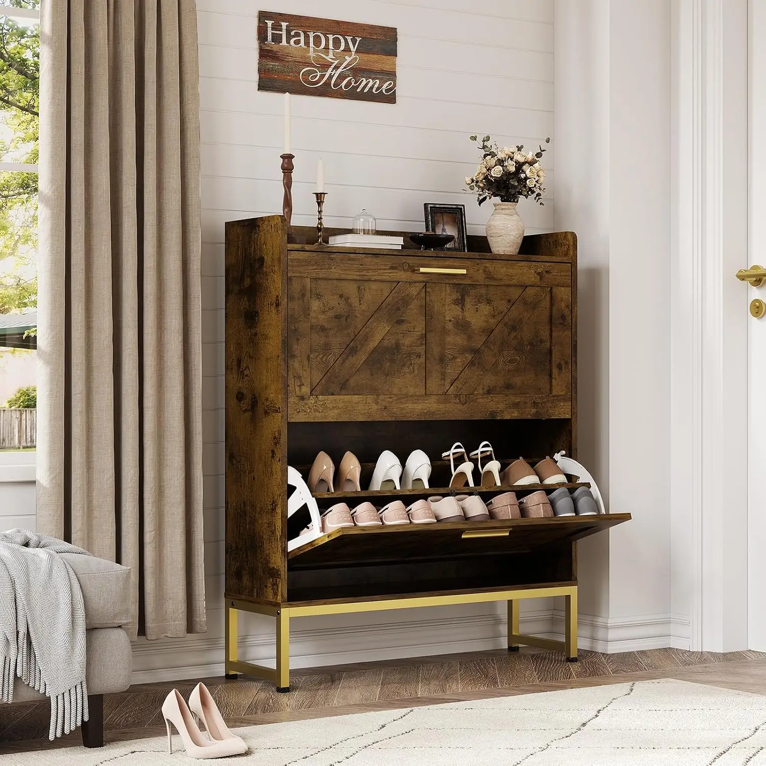 Double-Layer Flip Drawer Shoe Cabinet Vintage Adjustable Shelves Dustproof Back Panel for Entryways & Hallways, Customized