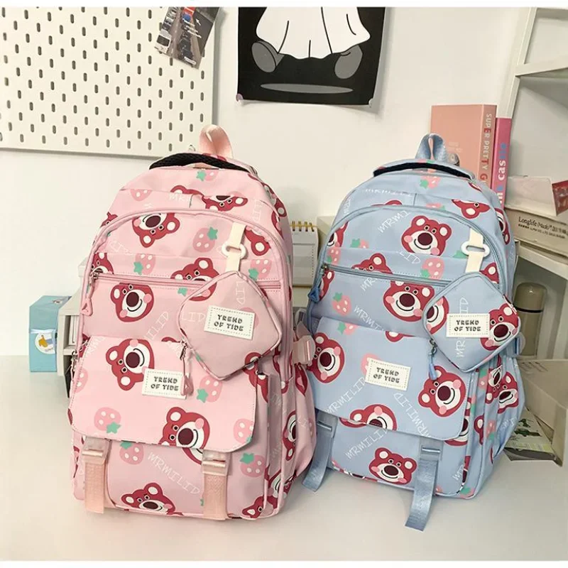 Tas punggung kasual kapasitas besar, tas ransel kasual kapasitas besar, mode, tren, motif kartun, tas sekolah imut manis, beruang stroberi Disney