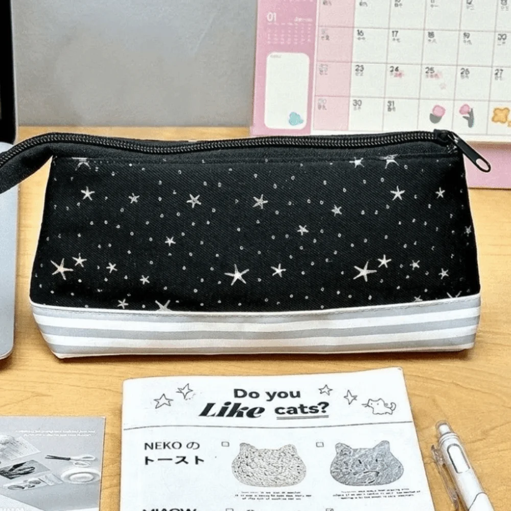 Large Capacity Cat Pattern Pen Case Multi-Layer Star Print Pencil Bag Polka Dot Triangle Design Stationery Storage Pouch