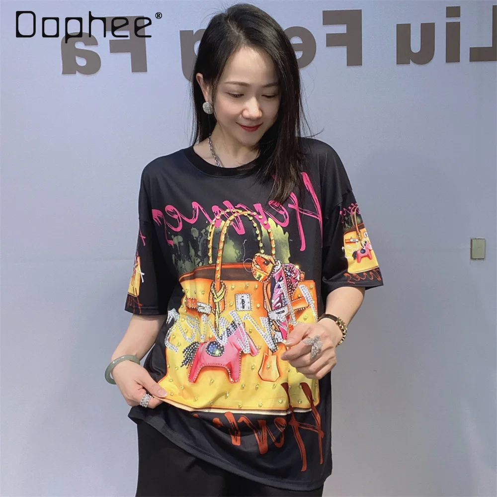 

Design Ice-cool Short-sleeved Top 2026 Summer Women's Clothing Loose Pony Beaded Half-sleeved T-shirt Rhinestone Print T Shirt