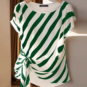 Koreanisch gestreifte gestempelte Zanzea-Top, kurzärmelige Bluse, lose, lässig und einfacher Stiltunika, für Urlaub, Feiertage, Sommer, 2025 Hauptverkaufsblusen - №6