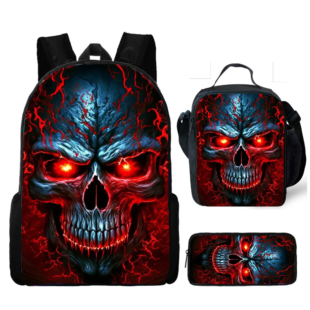 Hot selling skull backpack three piece set printed primary and secondary school backpack meal bag pencil case