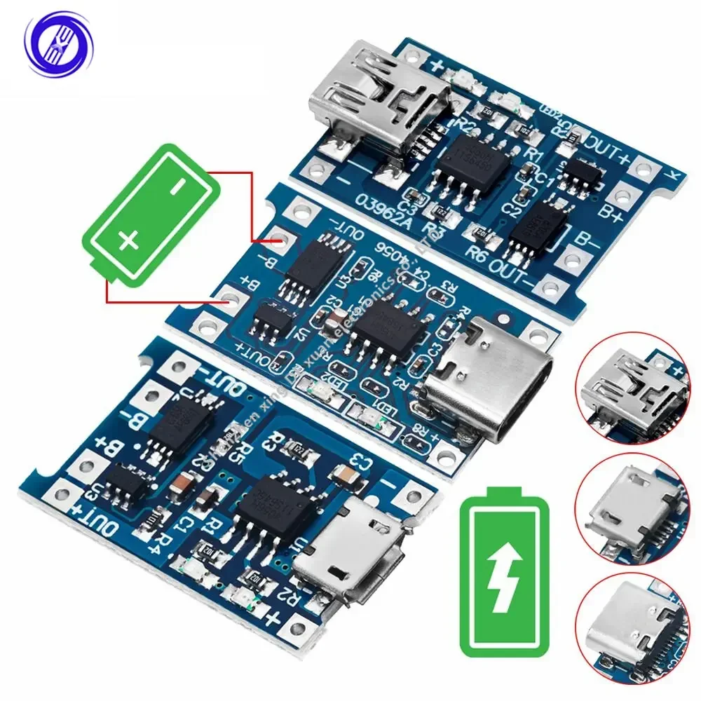 5PCS 5V 1A Micro/Type-c/Mini 18650 TP4056 Lithium Battery Charger Module Charging Board With Protection Dual Functions  Li-ion