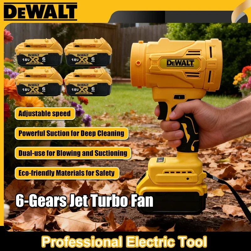 

Электрическая турбовоздуходувка DeWalt, ручной бесщеточный вентилятор для сдувания пыли, скорость 200 м/с, для уборки патио, работает от аккумулятора 18В.