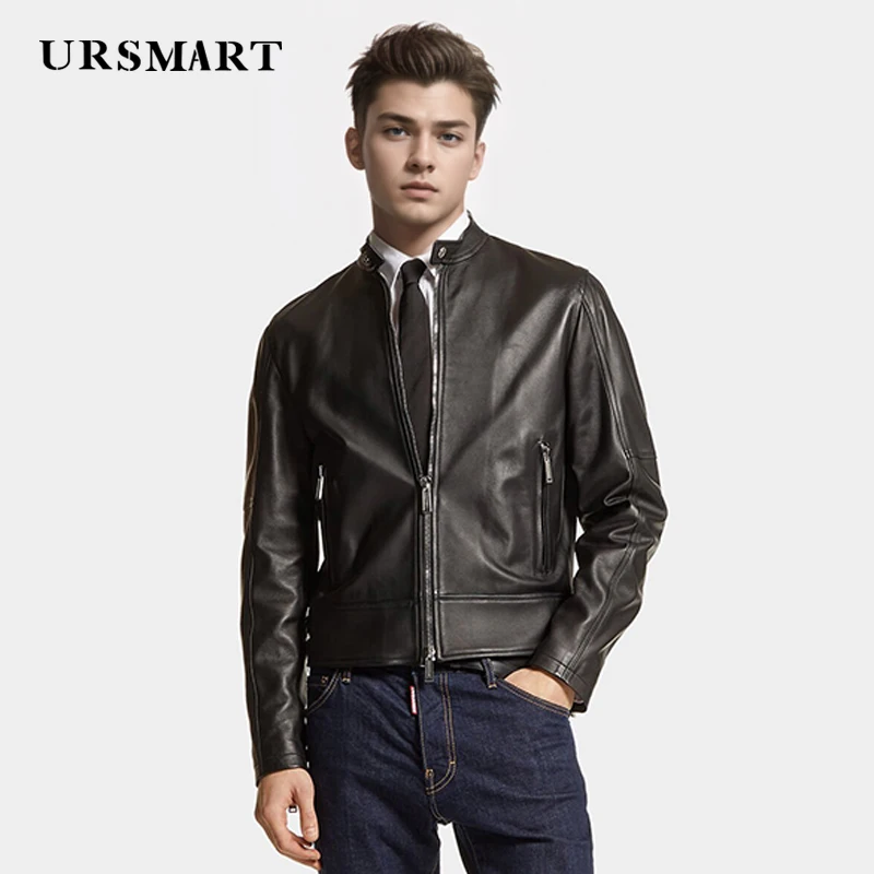 Men's Classic Black Stand-Up Collar Leather Jacket - Fashionable Casual Style Custom Calf Leather Sheepskin Coat