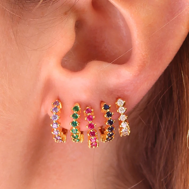 Stainless Steel Multicolor Crystal Huggies Earrings Gold Plated Personality CZ Zircon Hoop Earrings For Women Girls Jewelry