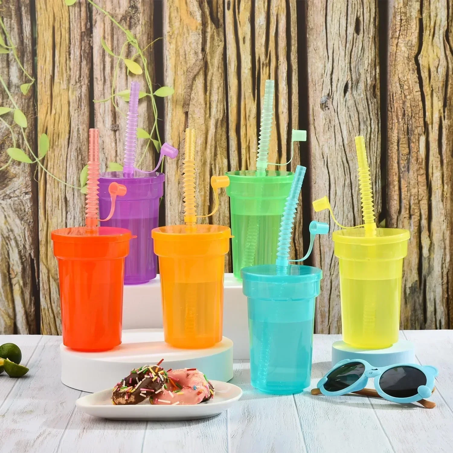 Neon Sipper Cups - Colorful, Spill-Proof Cups with Lids and Straws - Ideal for School Events Themed Parties Birthday Party feed