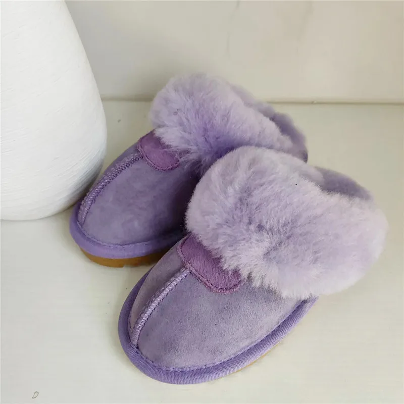 Boys Girls 2022 Natural Sheepskin Fur Slippers Child Winter Slippers Childern Warm Indoor Slippers Soft Wool Home Slippers