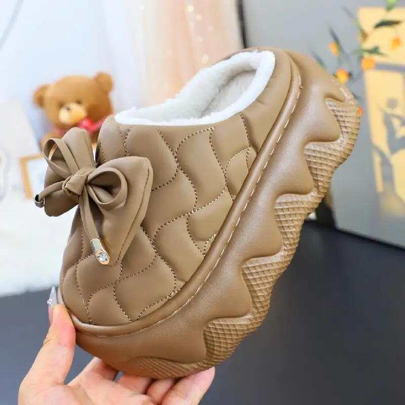 Thick High Heels 6cm Bow Slippers Female PU leather Fur Slides Woman Butterfly-know Plush Clogs 2025 Women's home slippers