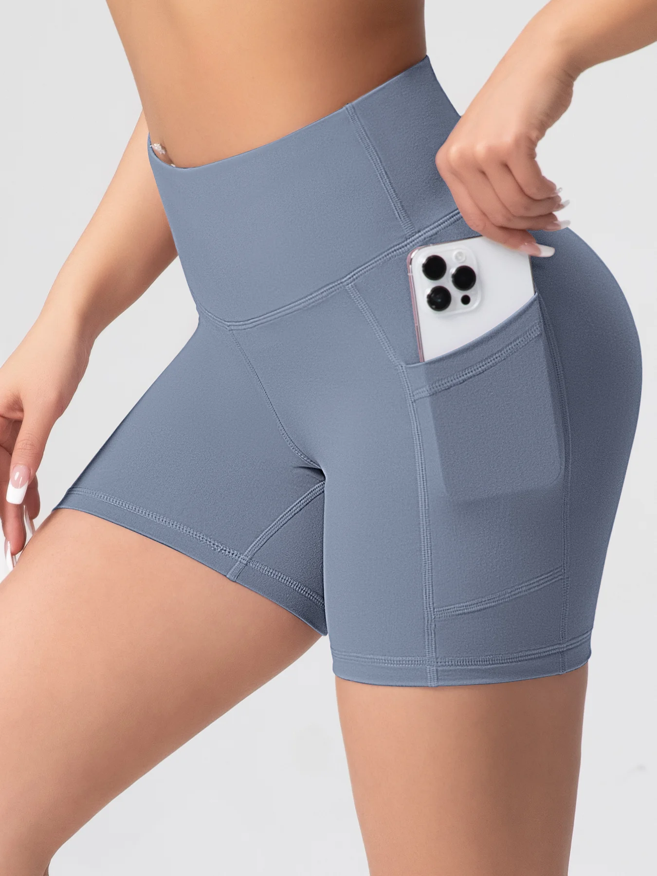 Women Solid Butt Lifting Yoga Shorts With Pockets Summer High Waist Tummy Control Workout Tights Gym Elastic Cycling Shorts