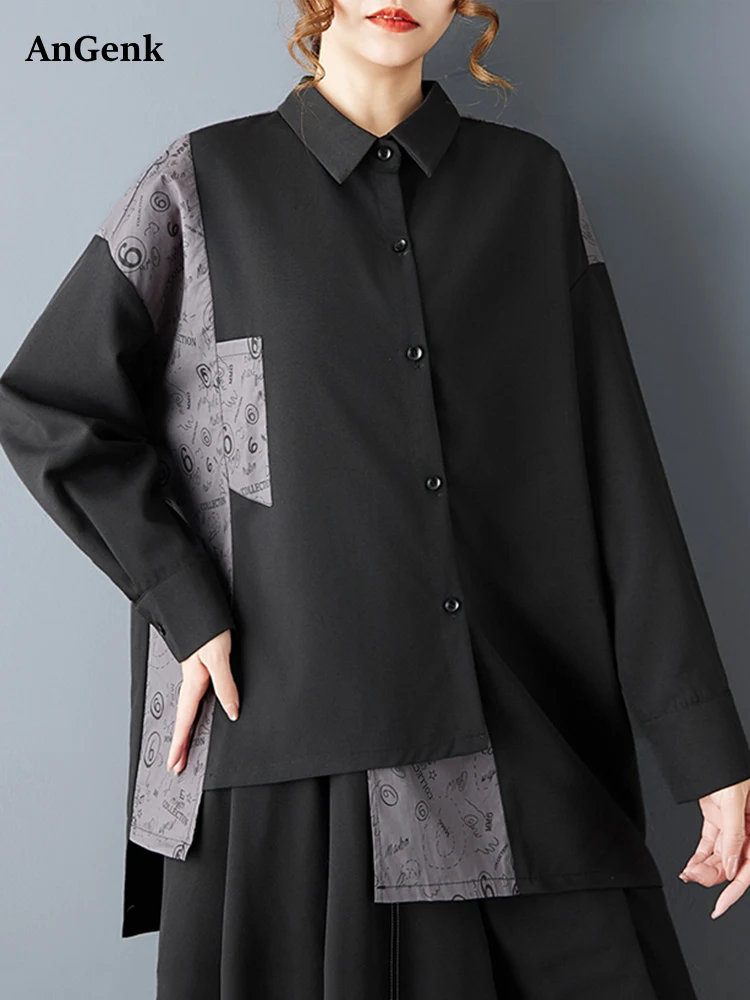 

Винтажная рубашка в стиле пэчворк с асимметричным принтом, женская новая свободная повседневная блузка с длинным рукавом, модная верхняя одежда, весна-осень 2026