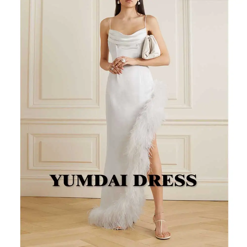 YUMDAI White Halter Lrregular Evening Dress Feathered Satin Wedding Dress Sexy Salon Party Lady Birthday Special Holiday Gown