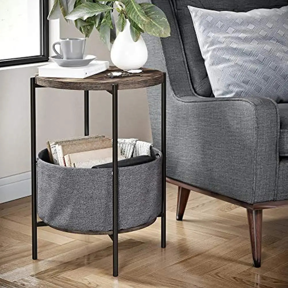 

Modern Round End Table with Fabric Storage Neutral Tone Nightstand or Accent Table 18"x18"x24" Nutmeg Brown/Black Metal and Wood