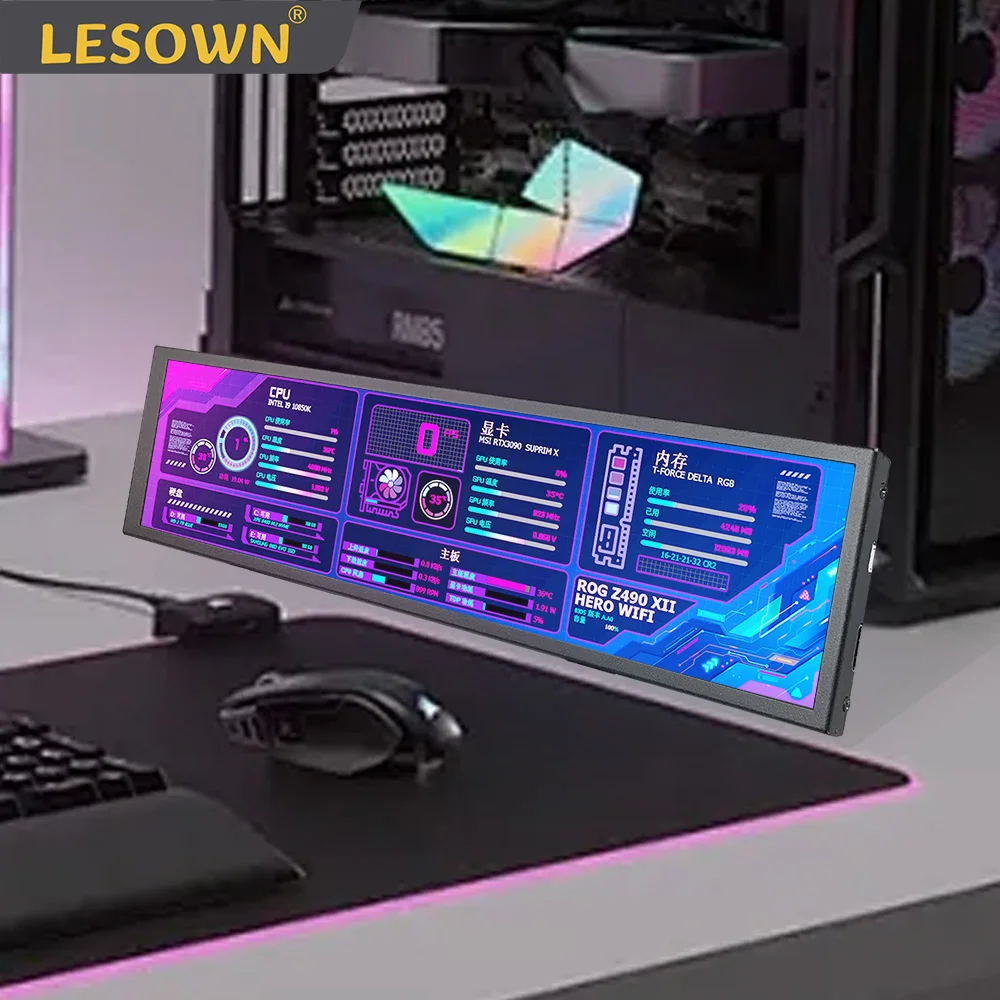 LESOWN LCD 롱 스트립 HDMI 디스플레이 소형 USB 모니터, 온도 모니터링 창 PC 노트북용, Aida64, 8.8 인치, 1920x480 스트레치 바