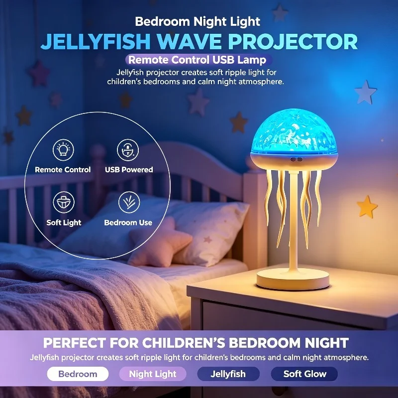 Jellyfish Wave Projector, USB Powered Night Light with Remote Control and Ripple Effects for Kids' Rooms and Bedside Decor