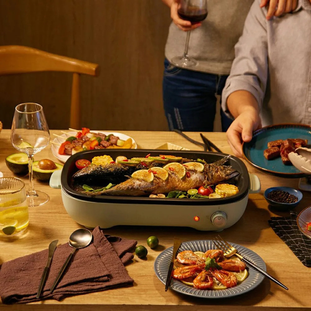 المنزلية ثلاثة في واحد شواية كهربائية وعاء الشواء دخاني مقلاة خبز الشواء إناء/ قدر آلة تيبانياكي طبق مقلاة مشوية