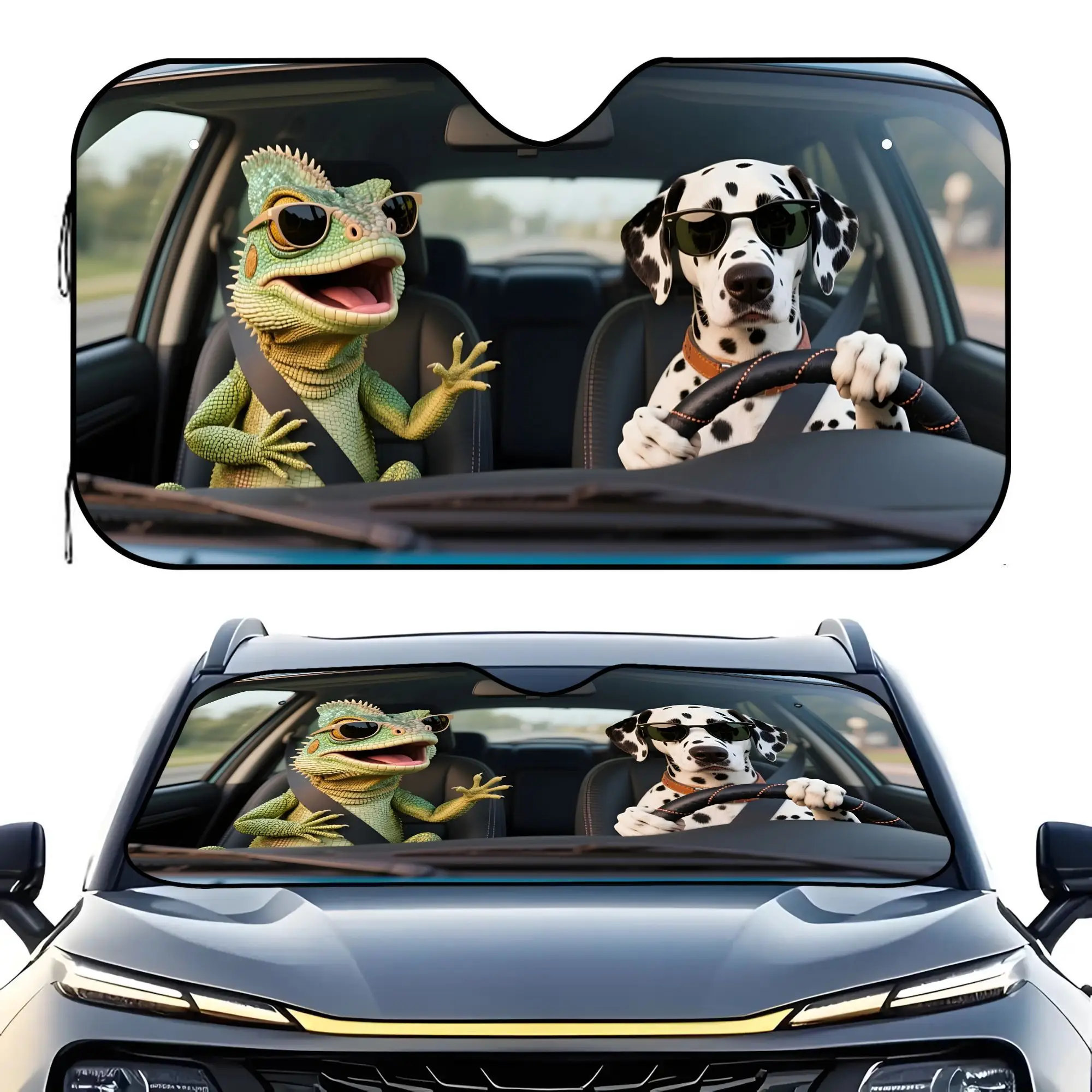 1pc Funny Car Sun Visor With Funny Lizard & Dalmatian Dogs Driving Design - UV Resistant Sunshade, Easy Clip-On Installation, Co