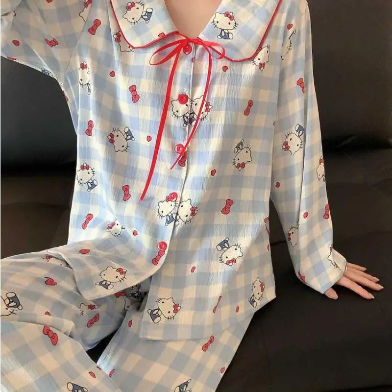 

Sanrio Hello Kitty Neglige, женский комплект, кавайная женская ночная рубашка с героями мультфильмов, осенние брюки с длинными рукавами, студенческая одежда для сна, домашняя одежда, новинка