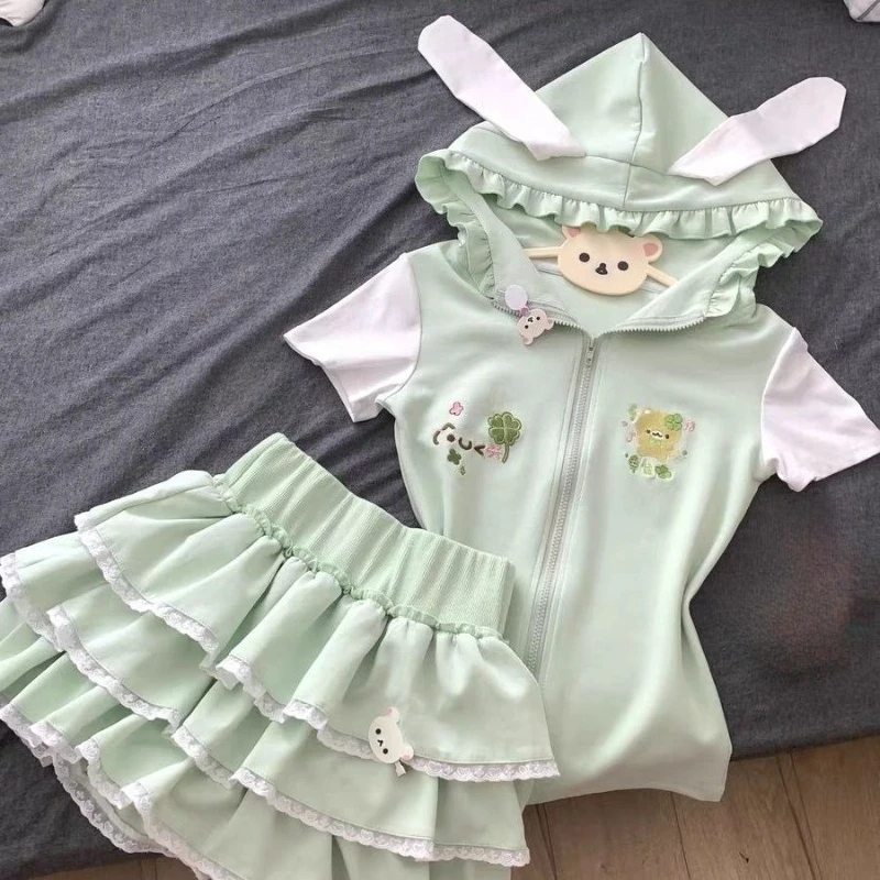 Japanese Sweet Rabbit Ears Hoodie Short Sleeve + Solid Flared Puffy Skirt Two-Piece Set Women Kawaii Bodycon Zipper Patchwork