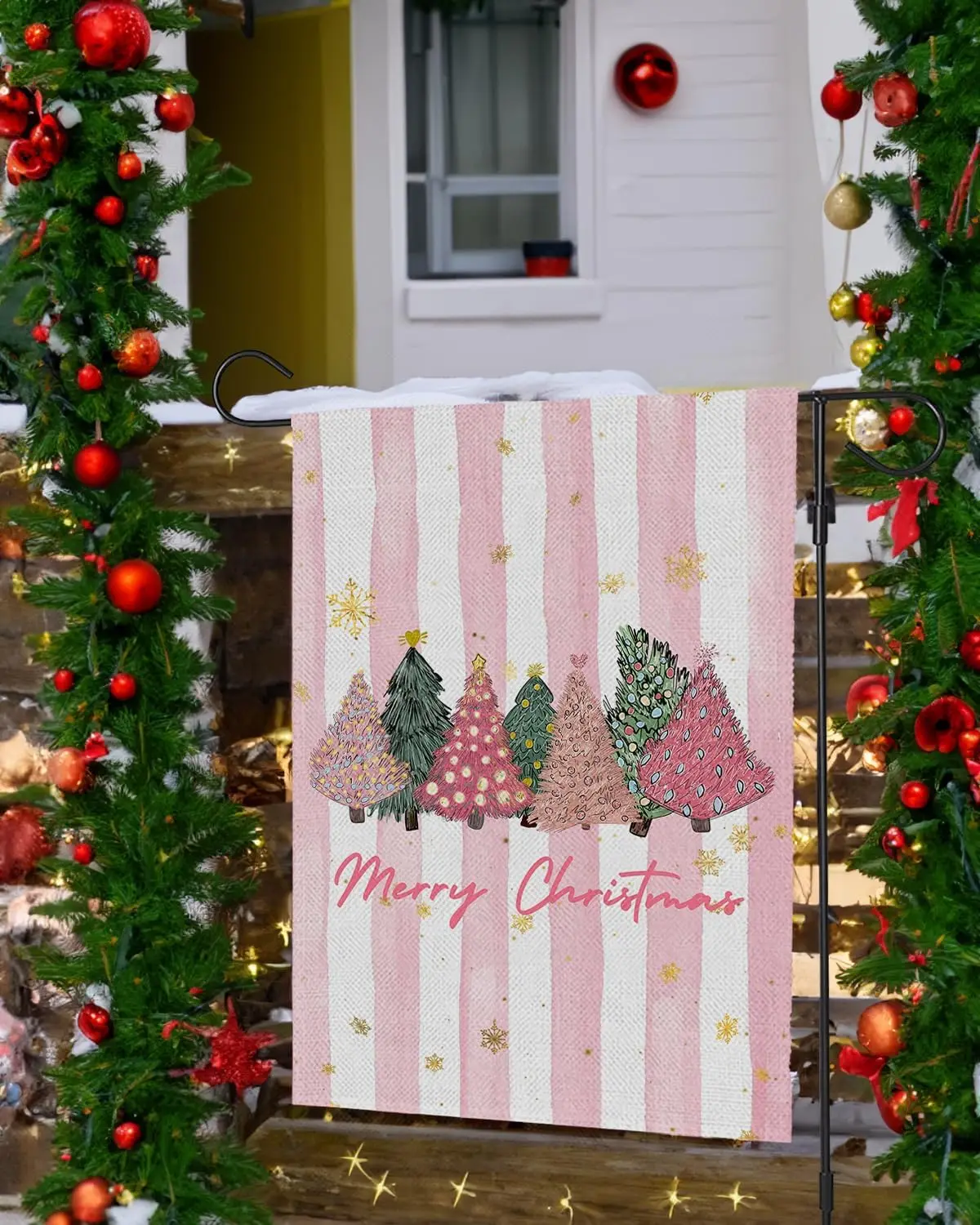 Watercolor Christmas Tree Pink Stripes Garden Flag 12'' x 18'' Vertical Double Sided Winter Outdoor Decorations