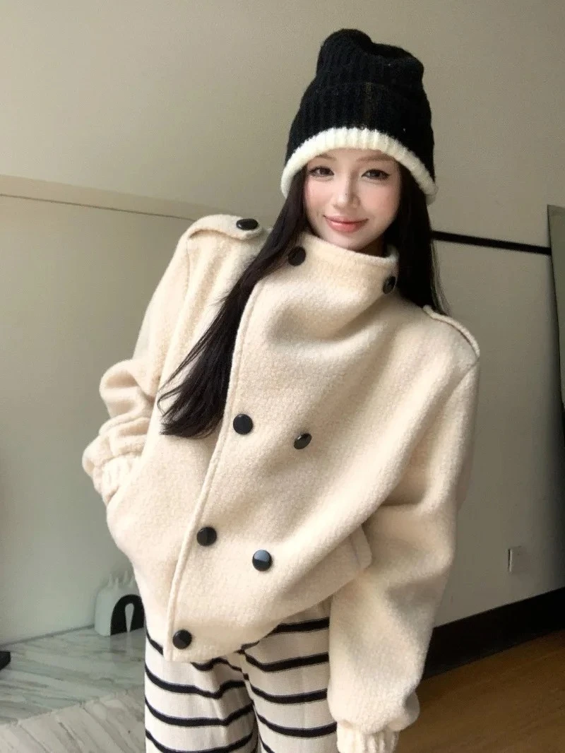 

Sweet Hot Girl Lamb Wool Cotton Jacket Women's Autumn/winter Stand Collar Double-breasted Short Jacket Fashion Female Clothes