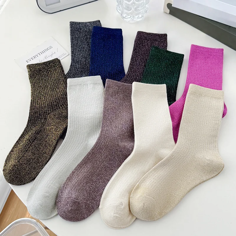 1 3 5 paar Dames Glitter Metallic Garen Gestreepte Sokken Halfhoge Kuitsokken Glinsterende Mode Sokken Sexy Casual Dagelijks gebruik Vier seizoenen