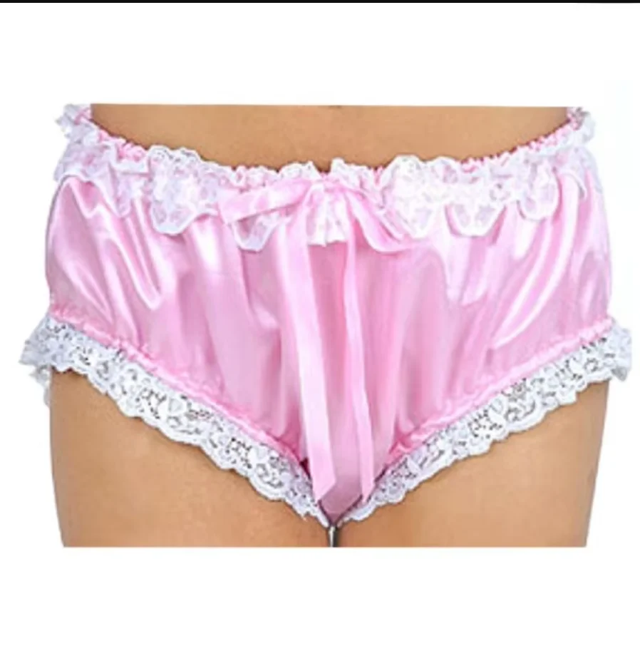 

Adult Giant Baby Sexy Girl Pink Satin Lining White Lace Edge Shorts Sissy Role Playing Maid Shorts Customized Multi Color