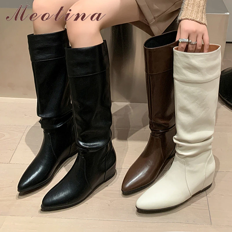 

Meotina Women Genuine Leather Knee High Boot Pointed Toe Height Increasing High Heel Pleated Long Boot Lady Fashion Shoes Winter