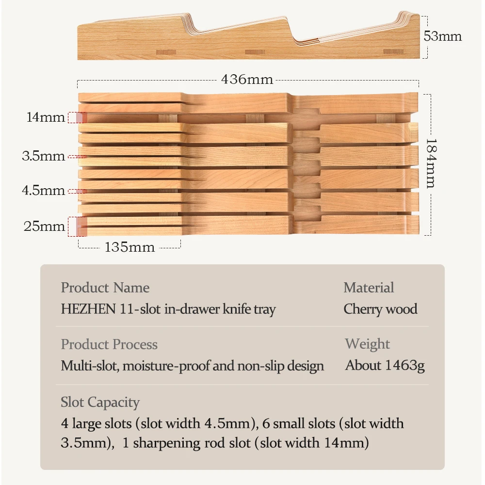 HEZHEN Knife Storage Cherry Solid Wood 11 Slot In-drawer Knife Tray Easy to Access Knife Holder