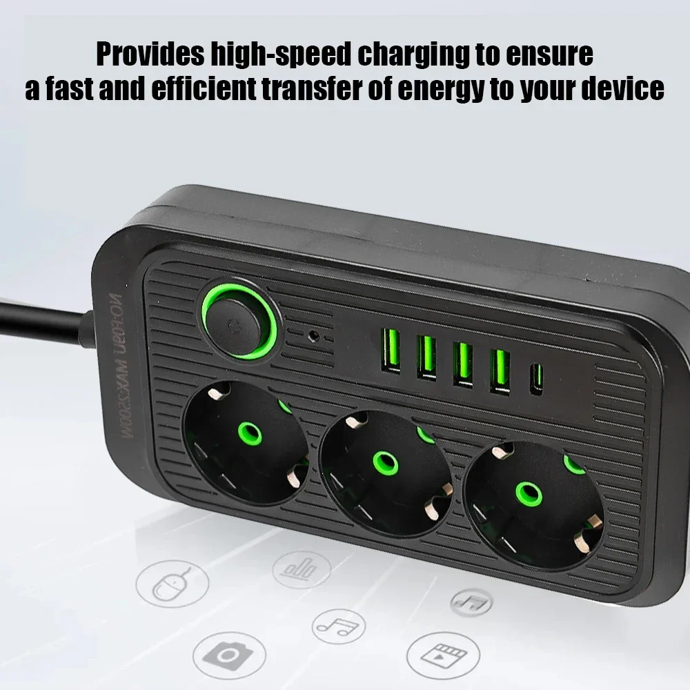 Fast Charging EU Plug AC Outlets Multitap Socket Extension Cord Electrical Power Strip With USB Type C Network Filter Adapter