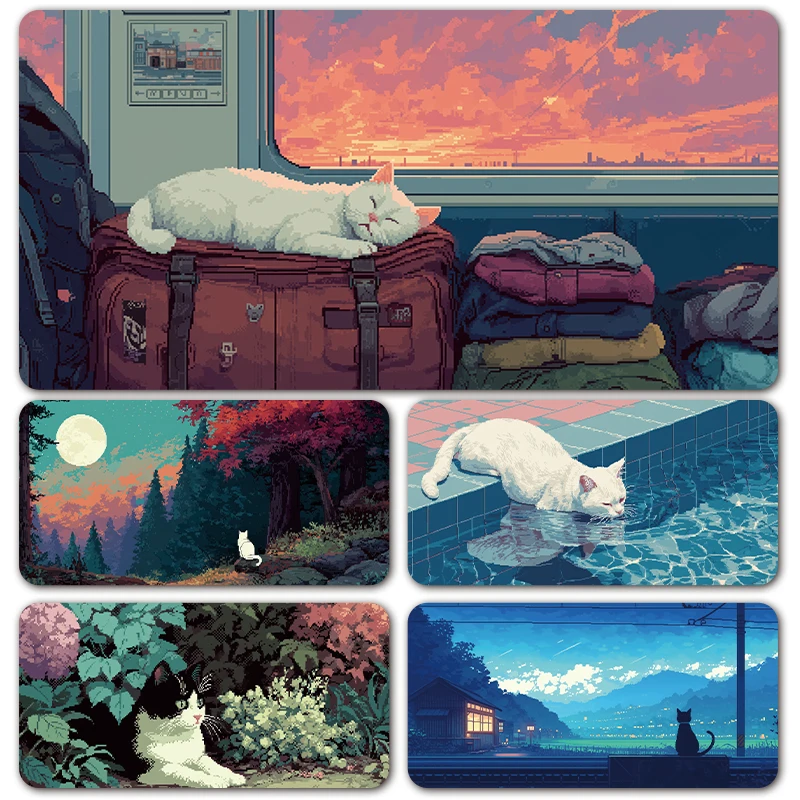 Pixel Art Style Japanese Cat Cute Cartoon Desk Mat  Locking Edge Mouse Mat Ultrafine Surface Desk Mat