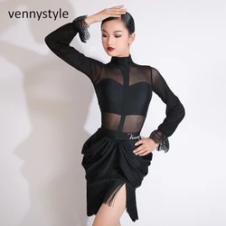 Venny 2023 Hot Sale Girls Latin Competition Costume Salsa Tango Rumba Dance Skirt Tassels Skirts Latin Dance Performance Clothes