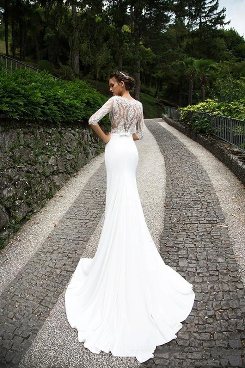Elegant Two Pieces Mermaid Wedding Dress 2023 Lace Appliques Bow Sashes Bridal Gowns Illusion Tulle Court Train Elegant Women