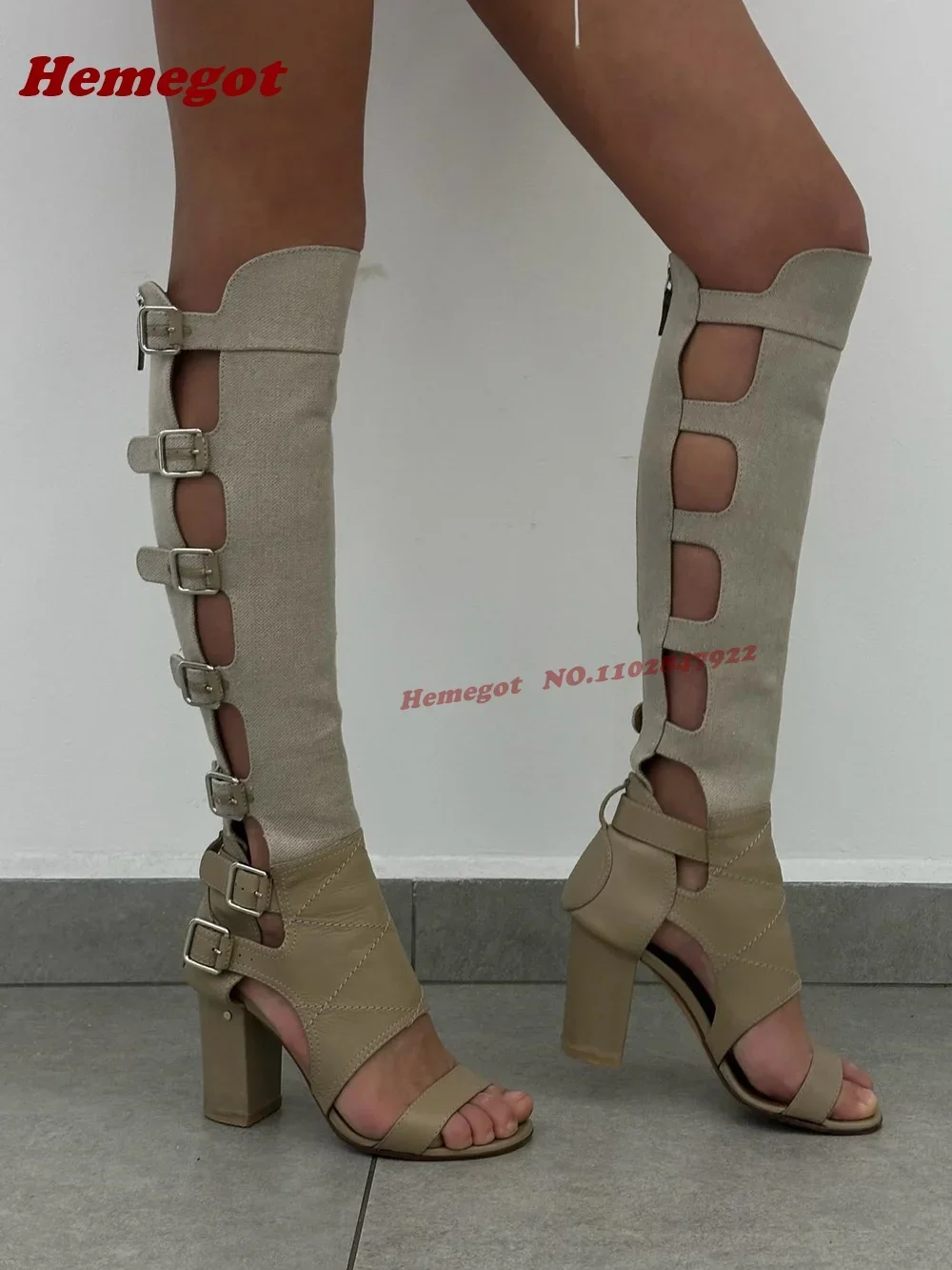 Open Toe Chunky Heels Women's Sandals Grey Splicing Cut Out Gladiator Sandals Multi-Buckled Back Zipper Casual Shoes Luxury 2026