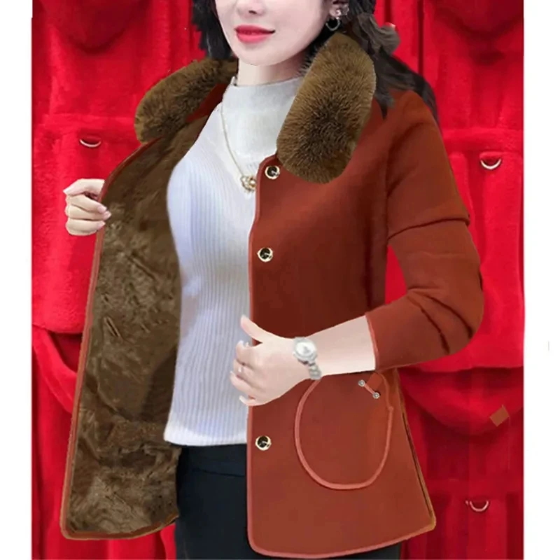 High-grade Cold-proof Warm Fleece Autumn And Winter New Coat Female Fashion Mother Loose Western Style With Fur Collar Warm Coat