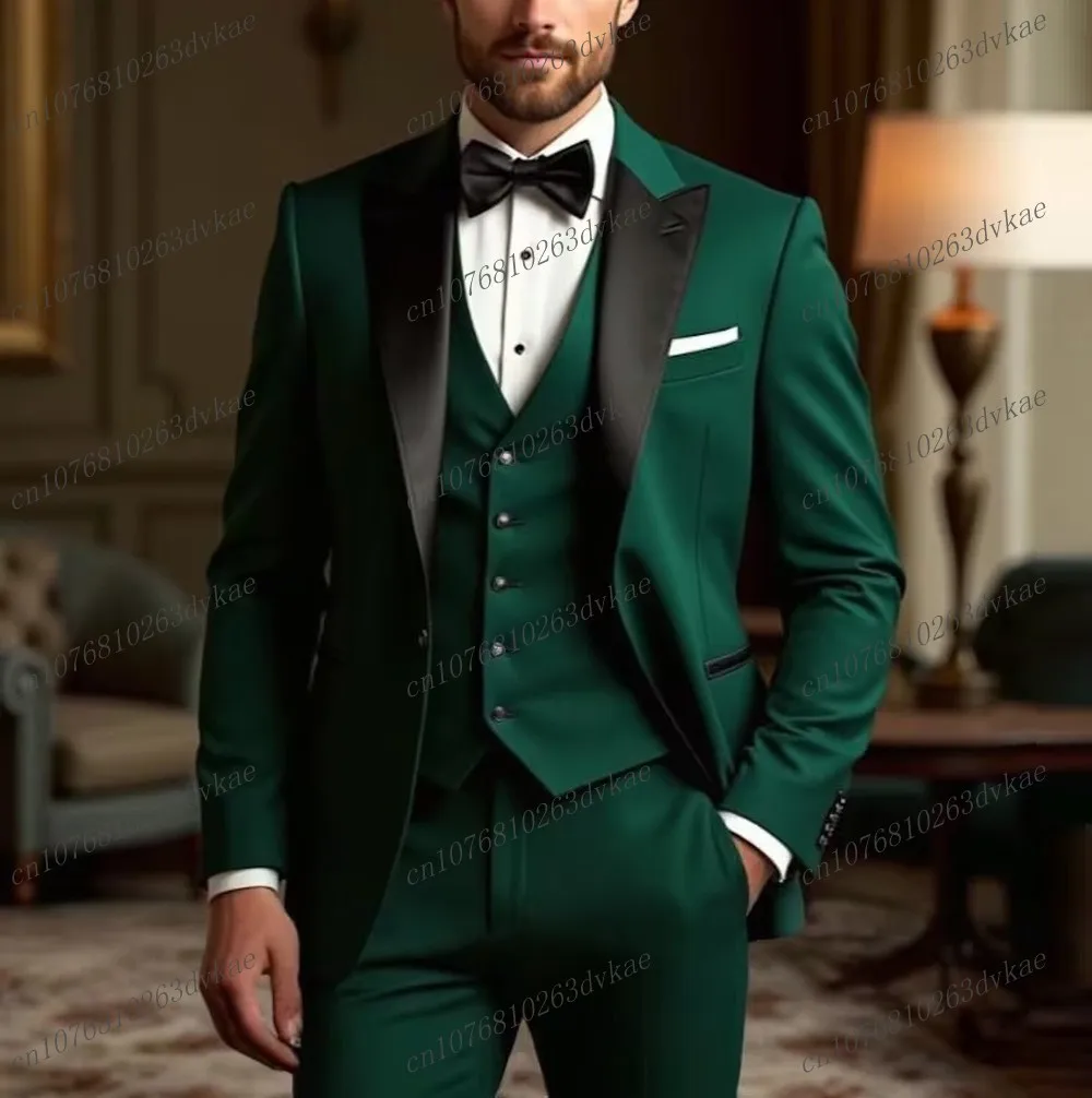 

Черный костюм с зеленым воротником для мужчин: свадебный, для жениха, для шафера, для выпускного вечера, деловой, официальный, мужской смокинг, комплект из 3 предметов: пиджак, жилет, брюки