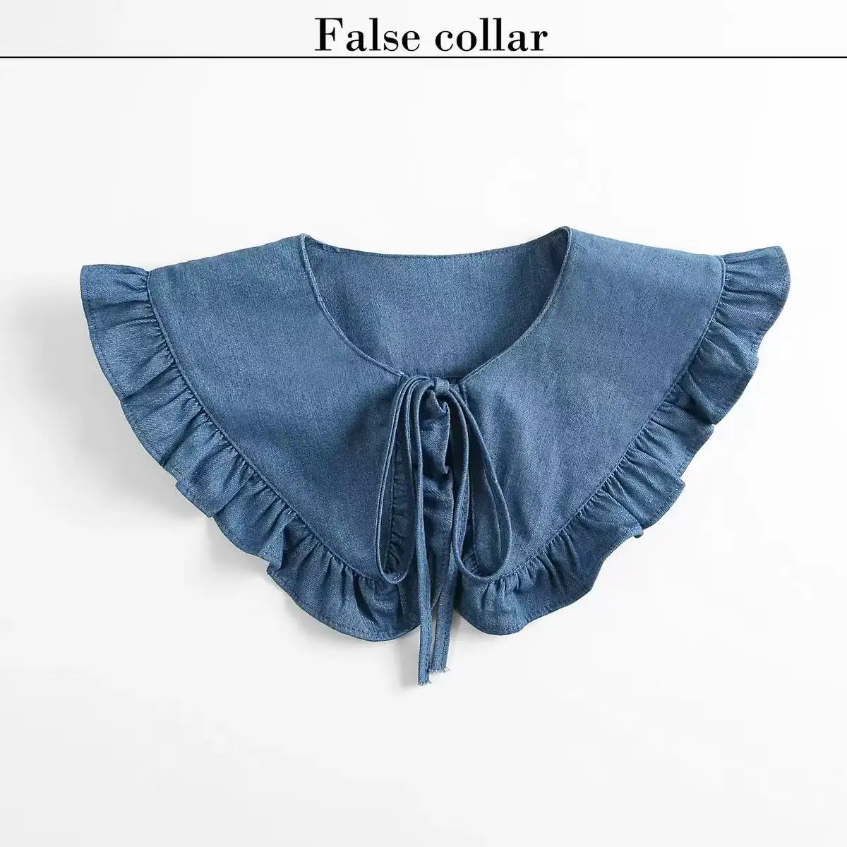 Women's Blue Washed Denim Shawl Fake Collar with Pleated Professional Casual Versatile Decoration Half Shirt Style Collar