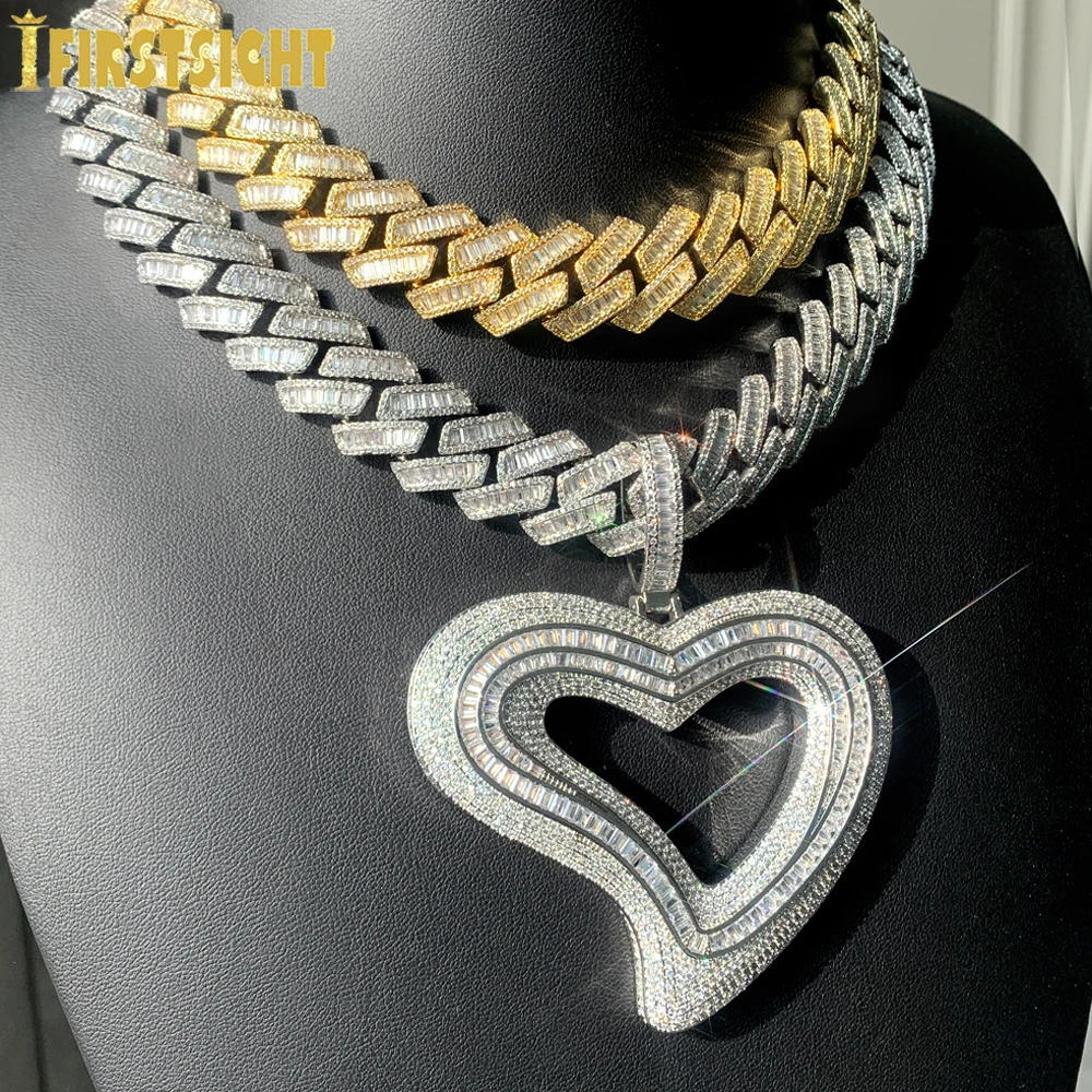 

Iced Out Hollow Heart Pendant Necklace Bling CZ Cubic Zirconia Wih19mm Cuban Chain Big Charm Women Men Hip Hop Luxury Jewelry