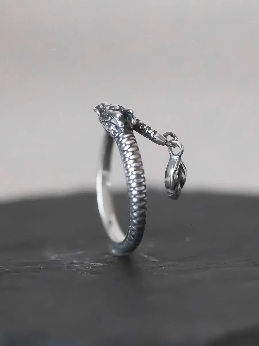HX Silver Color Dragon Swing Tail Old Smart Swing Zodiac Year of The Dragon Open Ring Tail Ring for Woman Rings Luxury Sale Fine